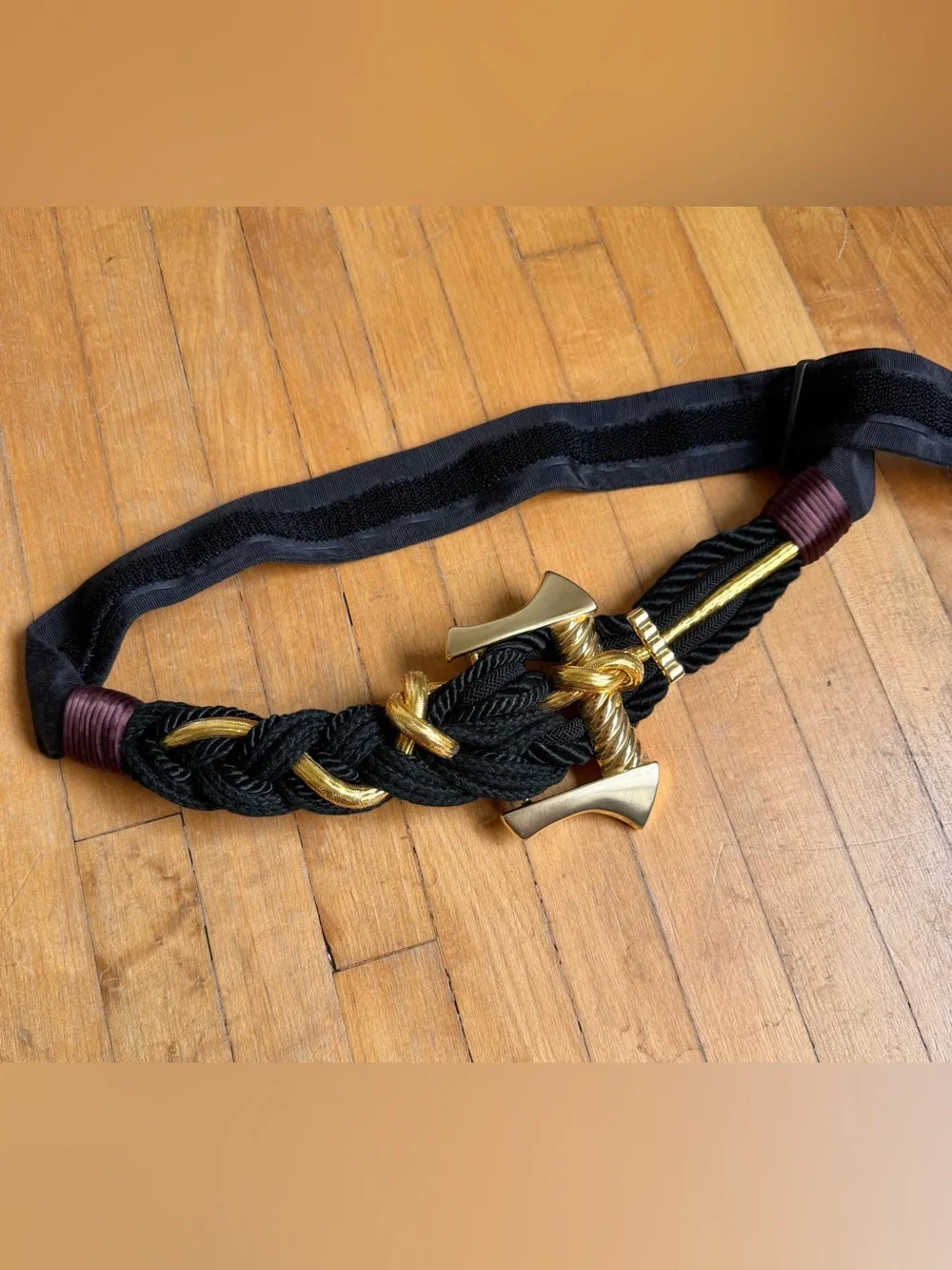 Carolyn Tanner Design 1980’s STATEMENT BELT Vintage Huge GOLD Buckle Black Rope